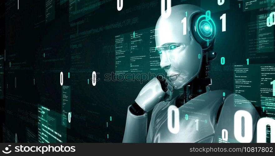 Futuristic robot artificial intelligence huminoid AI programming coding technology development and machine learning concept. Robotic bionic science research for future of human life. 3D rendering.. Futuristic robot artificial intelligence huminoid AI programming coding