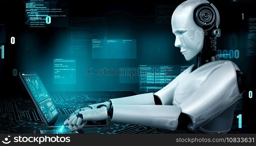 Futuristic robot artificial intelligence huminoid AI programming coding technology development and machine learning concept. Robotic bionic science research for future of human life. 3D rendering.. Futuristic robot artificial intelligence huminoid AI programming coding