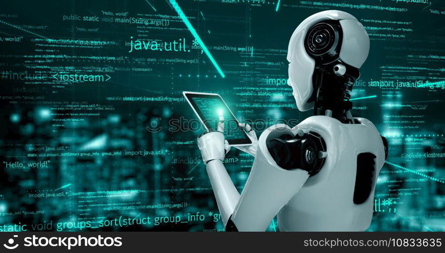 Futuristic robot artificial intelligence huminoid AI programming coding technology development and machine learning concept. Robotic bionic science research for future of human life. 3D rendering.. Futuristic robot artificial intelligence huminoid AI programming coding