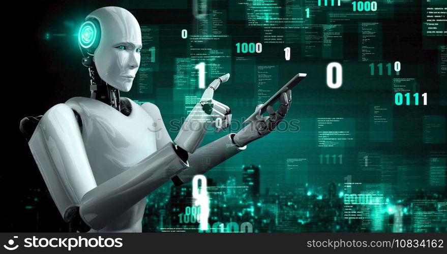 Futuristic robot artificial intelligence huminoid AI programming coding technology development and machine learning concept. Robotic bionic science research for future of human life. 3D rendering.. Futuristic robot artificial intelligence huminoid AI programming coding