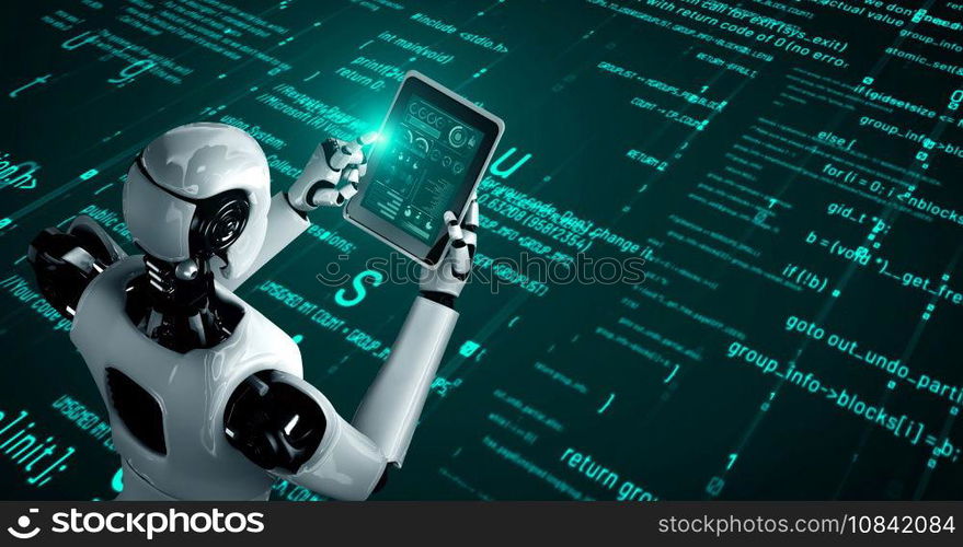 Futuristic robot artificial intelligence huminoid AI programming coding technology development and machine learning concept. Robotic bionic science research for future of human life. 3D rendering.. Futuristic robot artificial intelligence huminoid AI programming coding