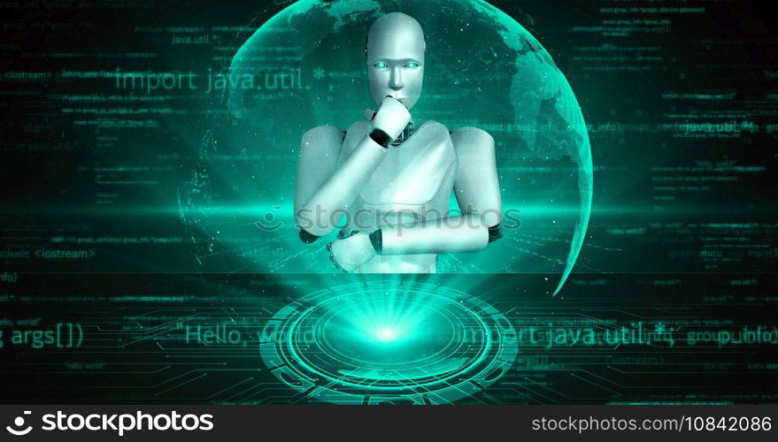 Futuristic robot artificial intelligence huminoid AI programming coding technology development and machine learning concept. Robotic bionic science research for future of human life. 3D rendering.. Futuristic robot artificial intelligence huminoid AI programming coding