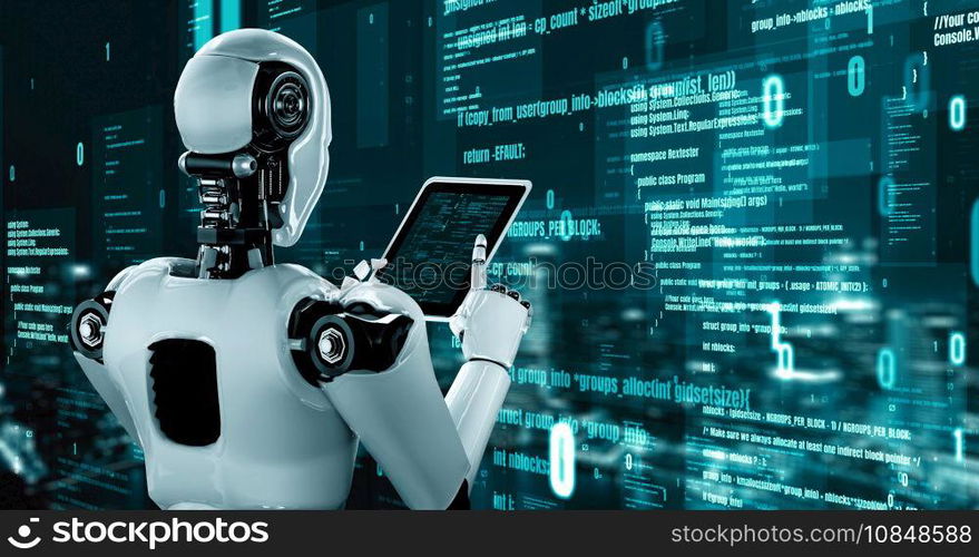 Futuristic robot artificial intelligence huminoid AI programming coding technology development and machine learning concept. Robotic bionic science research for future of human life. 3D rendering.. Futuristic robot artificial intelligence huminoid AI programming coding