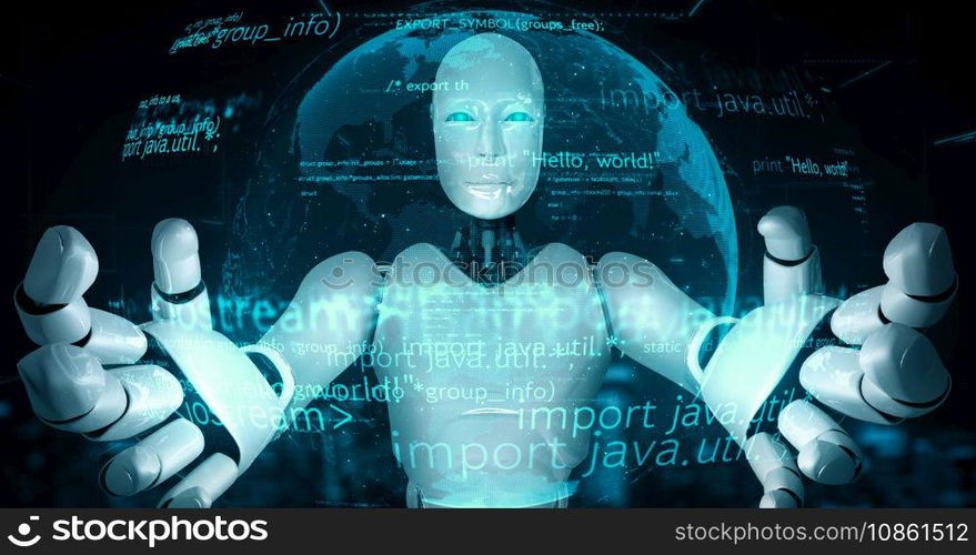Futuristic robot artificial intelligence huminoid AI programming coding technology development and machine learning concept. Robotic bionic science research for future of human life. 3D rendering.. Futuristic robot artificial intelligence huminoid AI programming coding