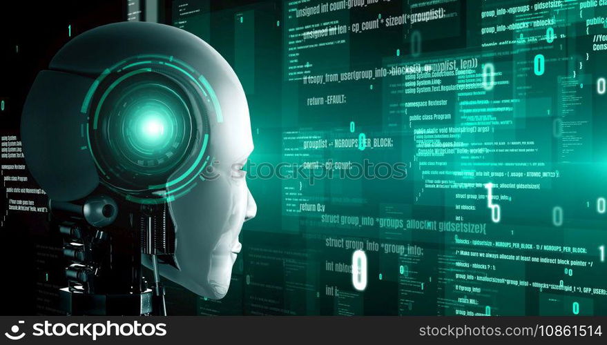 Futuristic robot artificial intelligence huminoid AI programming coding technology development and machine learning concept. Robotic bionic science research for future of human life. 3D rendering.. Futuristic robot artificial intelligence huminoid AI programming coding