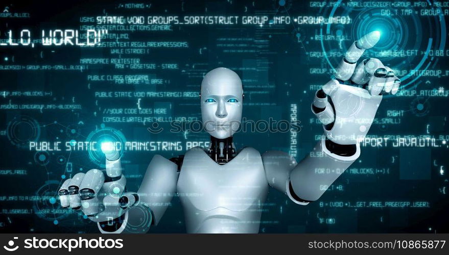Futuristic robot artificial intelligence huminoid AI programming coding technology development and machine learning concept. Robotic bionic science research for future of human life. 3D rendering.. Futuristic robot artificial intelligence huminoid AI programming coding