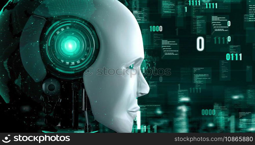 Futuristic robot artificial intelligence huminoid AI programming coding technology development and machine learning concept. Robotic bionic science research for future of human life. 3D rendering.. Futuristic robot artificial intelligence huminoid AI programming coding