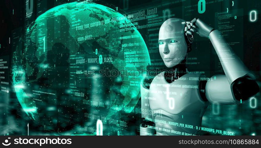 Futuristic robot artificial intelligence huminoid AI programming coding technology development and machine learning concept. Robotic bionic science research for future of human life. 3D rendering.. Futuristic robot artificial intelligence huminoid AI programming coding