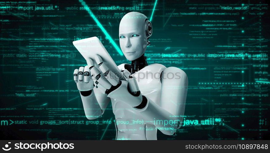 Futuristic robot artificial intelligence huminoid AI programming coding technology development and machine learning concept. Robotic bionic science research for future of human life. 3D rendering.. Futuristic robot artificial intelligence huminoid AI programming coding