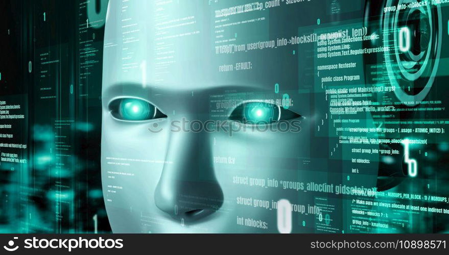Futuristic robot artificial intelligence huminoid AI programming coding technology development and machine learning concept. Robotic bionic science research for future of human life. 3D rendering.. Futuristic robot artificial intelligence huminoid AI programming coding