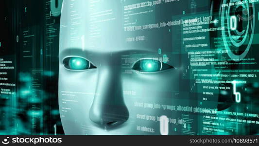 Futuristic robot artificial intelligence huminoid AI programming coding technology development and machine learning concept. Robotic bionic science research for future of human life. 3D rendering.. Futuristic robot artificial intelligence huminoid AI programming coding