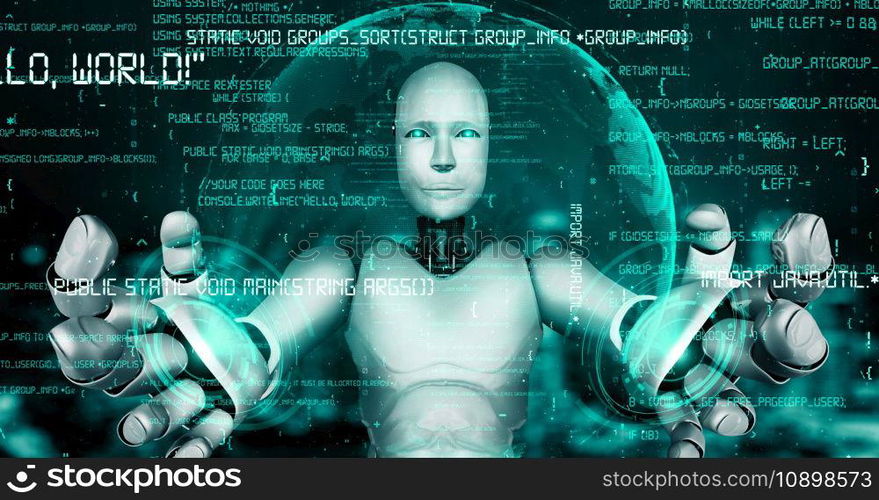 Futuristic robot artificial intelligence huminoid AI programming coding technology development and machine learning concept. Robotic bionic science research for future of human life. 3D rendering.. Futuristic robot artificial intelligence huminoid AI programming coding