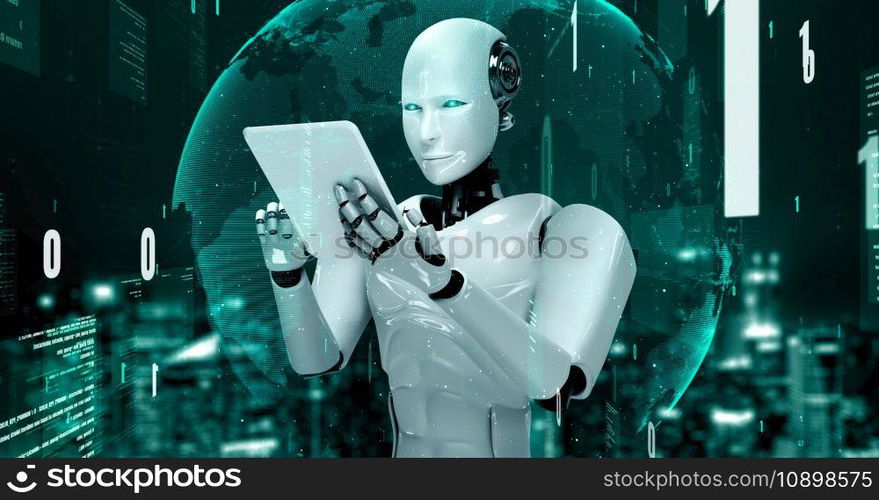 Futuristic robot artificial intelligence huminoid AI programming coding technology development and machine learning concept. Robotic bionic science research for future of human life. 3D rendering.. Futuristic robot artificial intelligence huminoid AI programming coding