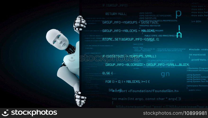 Futuristic robot artificial intelligence huminoid AI programming coding technology development and machine learning concept. Robotic bionic science research for future of human life. 3D rendering.. Futuristic robot artificial intelligence huminoid AI programming coding