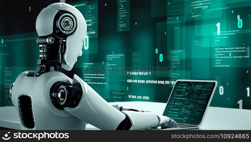 Futuristic robot artificial intelligence huminoid AI programming coding technology development and machine learning concept. Robotic bionic science research for future of human life. 3D rendering.. Futuristic robot artificial intelligence huminoid AI programming coding