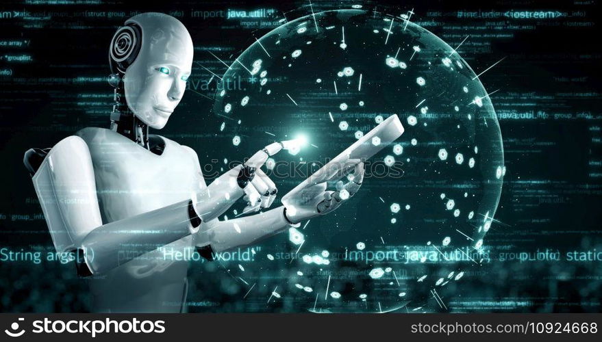 Futuristic robot artificial intelligence huminoid AI programming coding technology development and machine learning concept. Robotic bionic science research for future of human life. 3D rendering.. Futuristic robot artificial intelligence huminoid AI programming coding