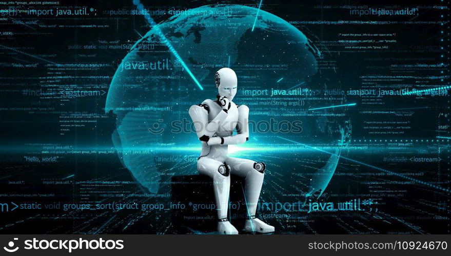 Futuristic robot artificial intelligence huminoid AI programming coding technology development and machine learning concept. Robotic bionic science research for future of human life. 3D rendering.. Futuristic robot artificial intelligence huminoid AI programming coding
