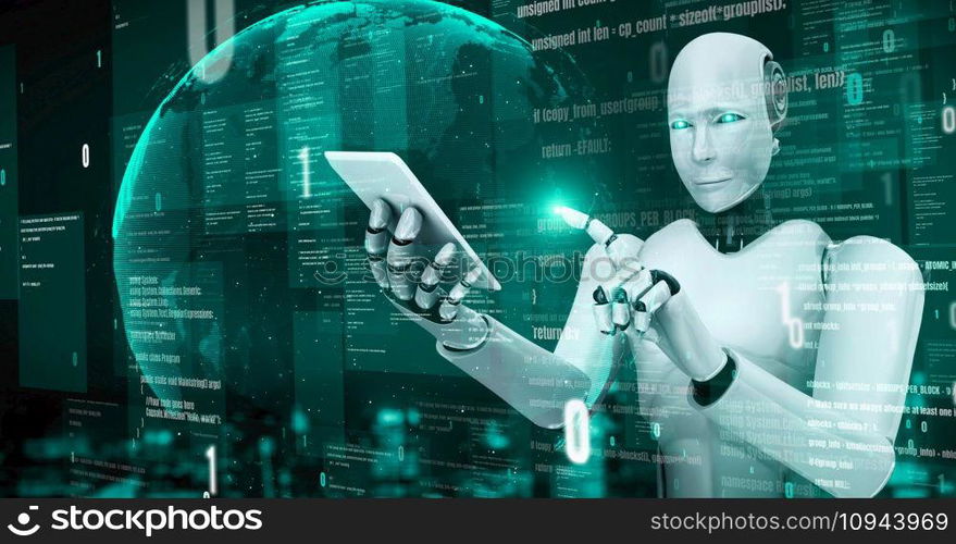 Futuristic robot artificial intelligence huminoid AI programming coding technology development and machine learning concept. Robotic bionic science research for future of human life. 3D rendering.. Futuristic robot artificial intelligence huminoid AI programming coding