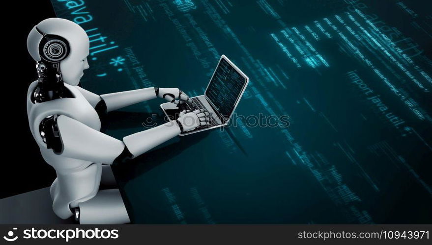 Futuristic robot artificial intelligence huminoid AI programming coding technology development and machine learning concept. Robotic bionic science research for future of human life. 3D rendering.. Futuristic robot artificial intelligence huminoid AI programming coding