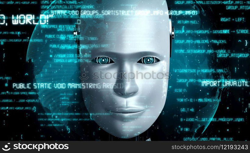Futuristic robot artificial intelligence huminoid AI programming coding technology development and machine learning concept. Robotic bionic science research for future of human life. 3D rendering.. Futuristic robot artificial intelligence huminoid AI programming coding