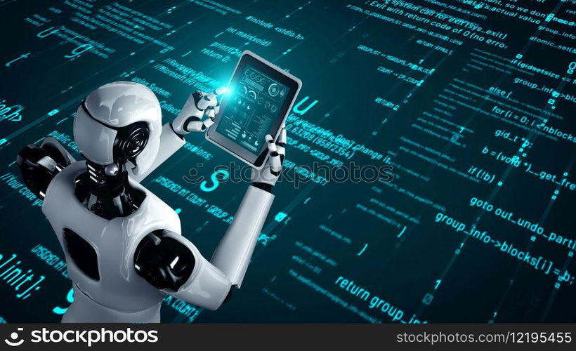 Futuristic robot artificial intelligence huminoid AI programming coding technology development and machine learning concept. Robotic bionic science research for future of human life. 3D rendering.. Futuristic robot artificial intelligence huminoid AI programming coding