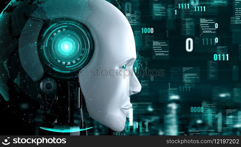Futuristic robot artificial intelligence huminoid AI programming coding technology development and machine learning concept. Robotic bionic science research for future of human life. 3D rendering.. Futuristic robot artificial intelligence huminoid AI programming coding