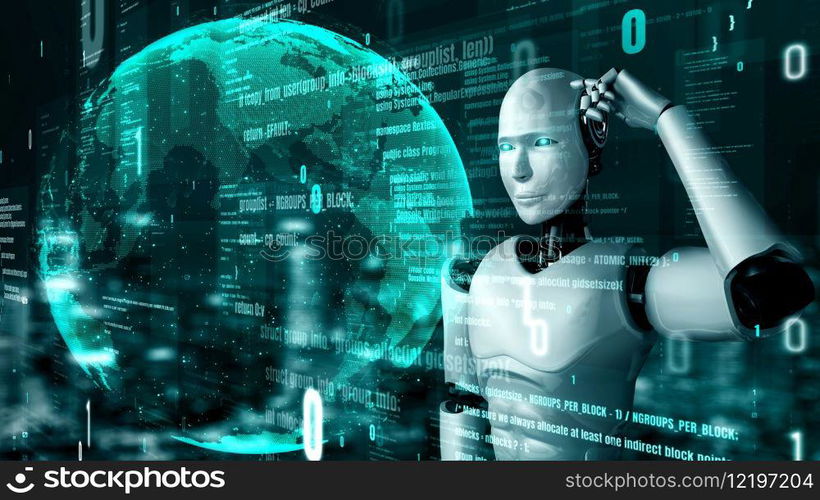 Futuristic robot artificial intelligence huminoid AI programming coding technology development and machine learning concept. Robotic bionic science research for future of human life. 3D rendering.. Futuristic robot artificial intelligence huminoid AI programming coding
