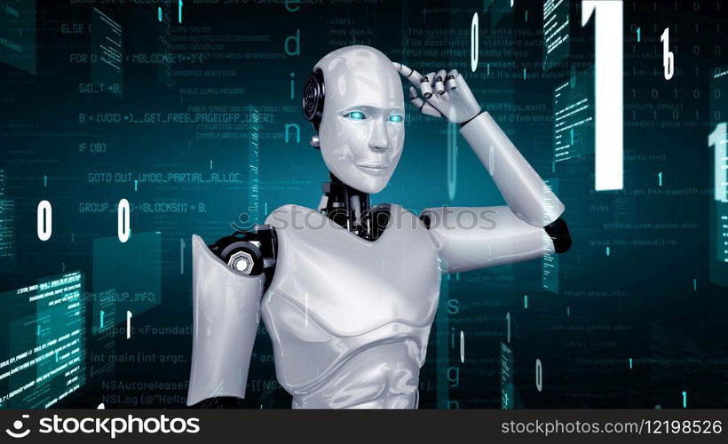 Futuristic robot artificial intelligence huminoid AI programming coding technology development and machine learning concept. Robotic bionic science research for future of human life. 3D rendering.. Futuristic robot artificial intelligence huminoid AI programming coding
