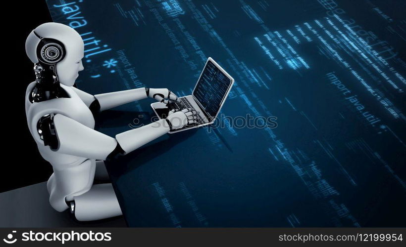 Futuristic robot artificial intelligence huminoid AI programming coding technology development and machine learning concept. Robotic bionic science research for future of human life. 3D rendering.. Futuristic robot artificial intelligence huminoid AI programming coding