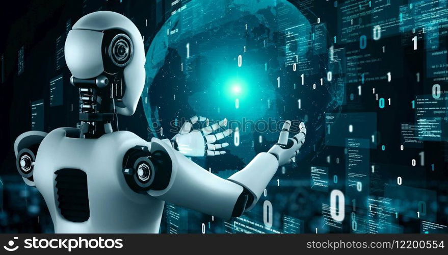 Futuristic robot artificial intelligence huminoid AI programming coding technology development and machine learning concept. Robotic bionic science research for future of human life. 3D rendering.. Futuristic robot artificial intelligence huminoid AI programming coding
