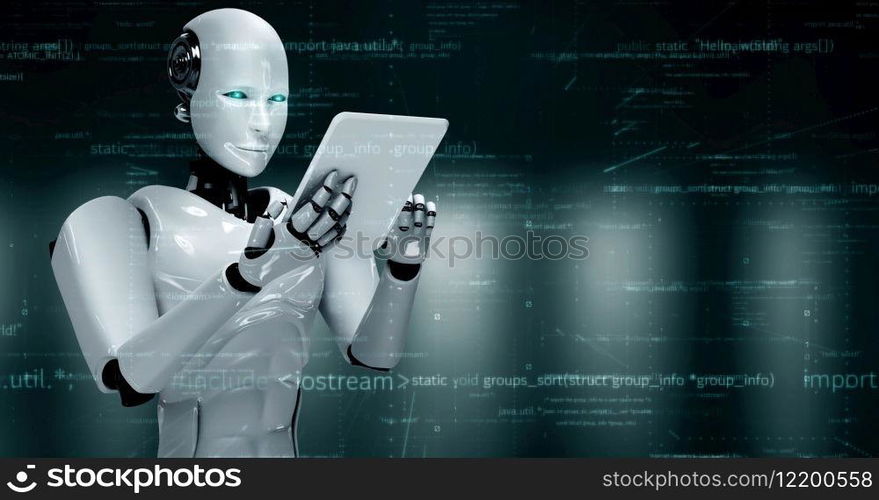 Futuristic robot artificial intelligence huminoid AI programming coding technology development and machine learning concept. Robotic bionic science research for future of human life. 3D rendering.. Futuristic robot artificial intelligence huminoid AI programming coding