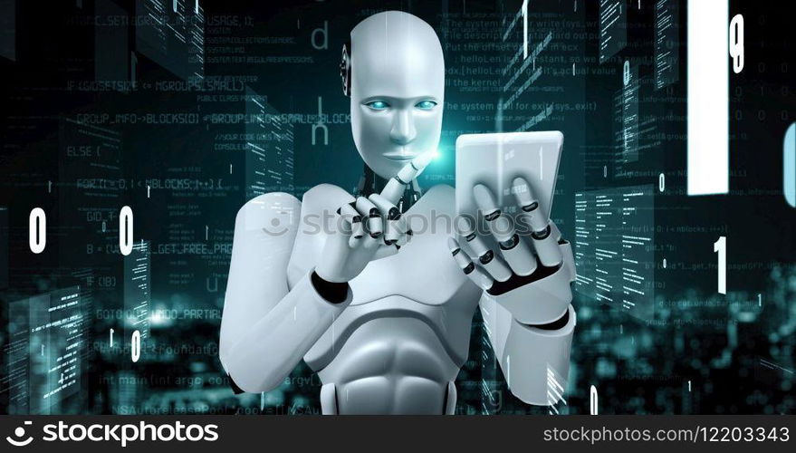 Futuristic robot artificial intelligence huminoid AI programming coding technology development and machine learning concept. Robotic bionic science research for future of human life. 3D rendering.. Futuristic robot artificial intelligence huminoid AI programming coding