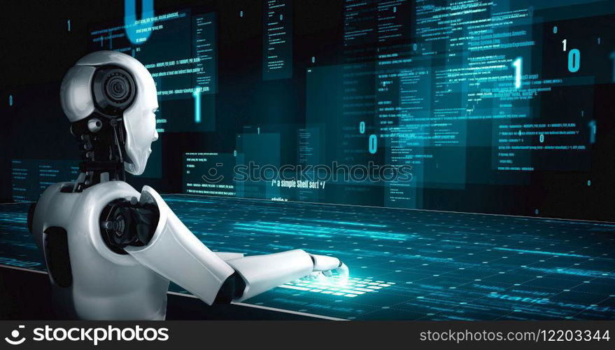Futuristic robot artificial intelligence huminoid AI programming coding technology development and machine learning concept. Robotic bionic science research for future of human life. 3D rendering.. Futuristic robot artificial intelligence huminoid AI programming coding