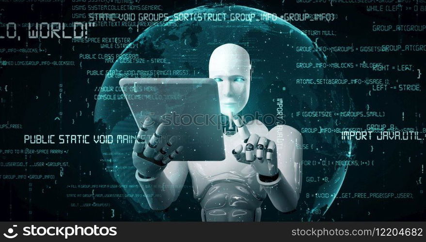 Futuristic robot artificial intelligence huminoid AI programming coding technology development and machine learning concept. Robotic bionic science research for future of human life. 3D rendering.. Futuristic robot artificial intelligence huminoid AI programming coding