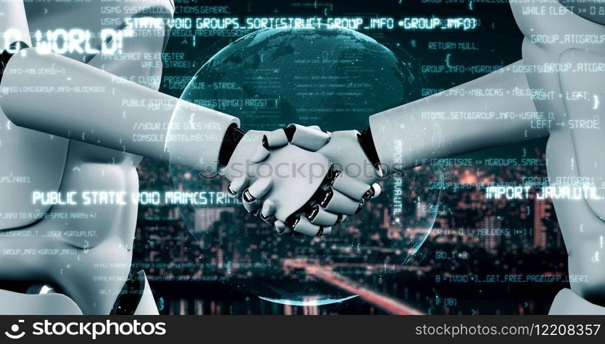 Futuristic robot artificial intelligence huminoid AI programming coding technology development and machine learning concept. Robotic bionic science research for future of human life. 3D rendering.. Futuristic robot artificial intelligence huminoid AI programming coding