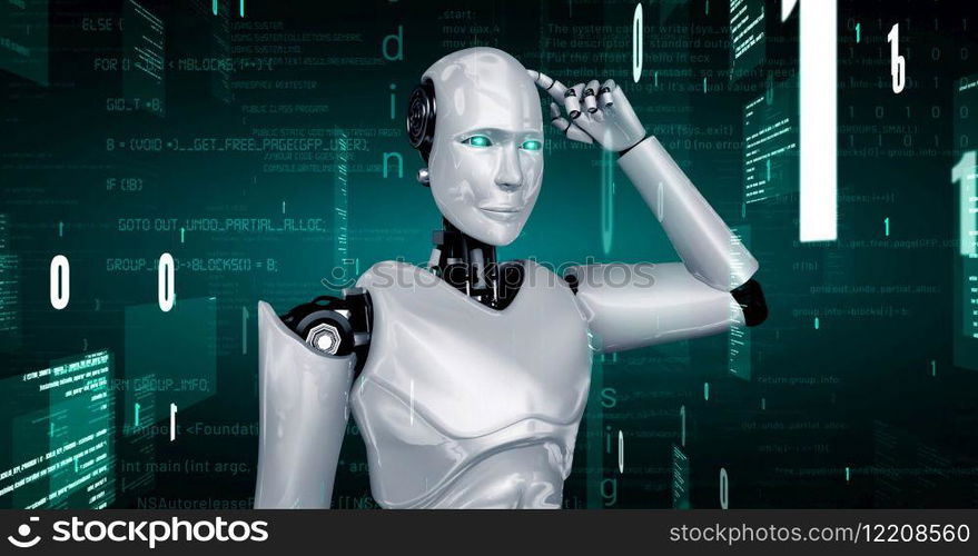 Futuristic robot artificial intelligence huminoid AI programming coding technology development and machine learning concept. Robotic bionic science research for future of human life. 3D rendering.. Futuristic robot artificial intelligence huminoid AI programming coding