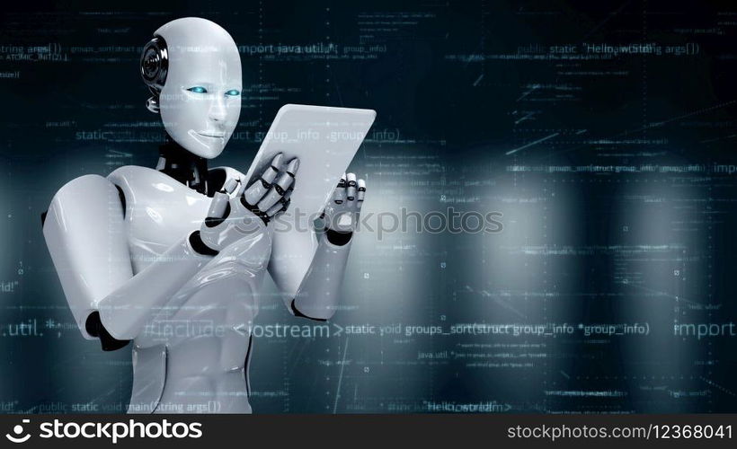 Futuristic robot artificial intelligence huminoid AI programming coding technology development and machine learning concept. Robotic bionic science research for future of human life. 3D rendering.. Futuristic robot artificial intelligence huminoid AI programming coding