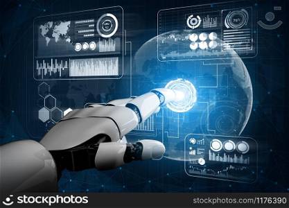 Futuristic robot technology development, artificial intelligence AI, and machine learning concept. Global robotic bionic science research for future of human life.