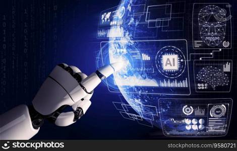 Futuristic robot technology development, artificial intelligence AI, and machine learning concept. Global robotic bionic science research for future of human life. 3D illustration.. Futuristic robot artificial intelligence concept. 3D illustration.