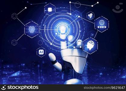 Futuristic robot technology development, artificial intelligence AI, and machine learning concept. Global robotic bionic science research for future of human life. 3D illustration.. Futuristic robot artificial intelligence concept. 3D illustration.