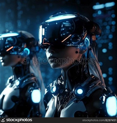 Futuristic robots with VR glasses watching 3d film tour. virtual reality goggles experiencing augmented cyberspace. Future concept VR. Futuristic robots with VR glasses watching 3d film tour. virtual reality goggles experiencing augmented cyberspace. Future concept