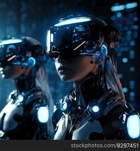 Futuristic robots with VR glasses watching 3d film tour. virtual reality goggles experiencing augmented cyberspace. Future concept VR. Futuristic robots with VR glasses watching 3d film tour. virtual reality goggles experiencing augmented cyberspace. Future concept