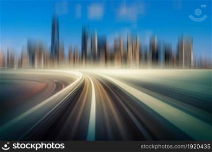 Futuristic scene Motion blur movement between elevated train line over the railroad tracks with building at the Loop line at New York city, USA, innovation and technology concept