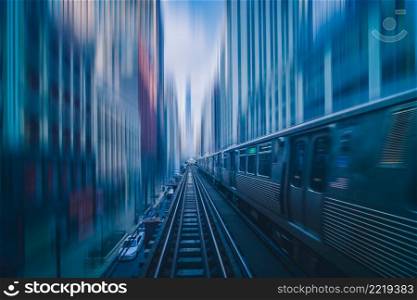 Futuristic scene Motion blur movement between elevated train line over the railroad tracks with building at the Loop line at Chicago, Illinois, USA, innovation and technology concept