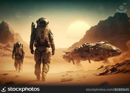 Futuristic scene with astronauts in space exploring a planet. Neural network AI generated art. Futuristic scene with astronauts in space exploring a planet. Neural network generated art
