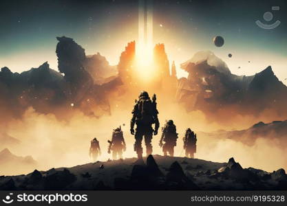 Futuristic scene with astronauts in space exploring a planet. Neural network AI generated art. Futuristic scene with astronauts in space exploring a planet. Neural network generated art