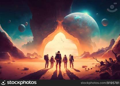 Futuristic scene with astronauts in space exploring a planet. Neural network AI generated art. Futuristic scene with astronauts in space exploring a planet. Neural network generated art