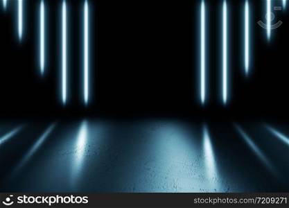 Futuristic Sci-Fi Abstract Blue And Purple Neon Light Shapes On Black Background And Reflective Concrete 3D Rendering Illustration