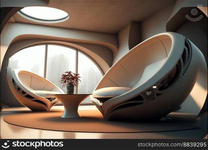 Futuristic sitting area created by generative AI
