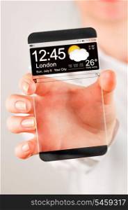 Futuristic Smart phone (copy space display) with a transparent display in human hands. Concept actual future innovative ideas and best technologies humanity.